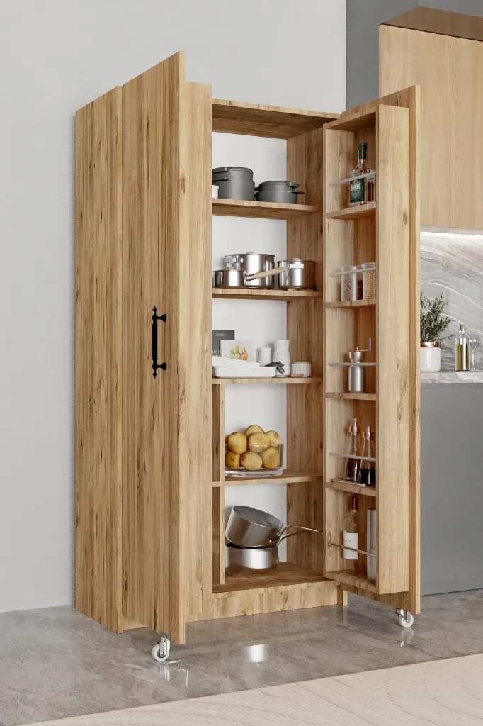 Aeka Ae-3035 Vezir Çam Kiler, Erzak Dolabı, Çok Amaçlı Mutfak Dolabı, Banyo,2 Kapaklı, Raflı, Tekerli