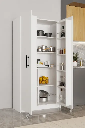 Aeka Ae-3035 Vezir Beyaz Kiler, Erzak Dolabı, Çok Amaçlı Mutfak Dolabı, Banyo,2 Kapaklı, Raflı, Tekerli