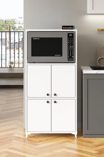 Aeka AE-2065 Nergis Beyaz Çok Amaçlı Mutfak Dolabı&Banyo Dolabı, 4 Kapaklı, Mikrodalga Fırın Dolabı,Raflı
