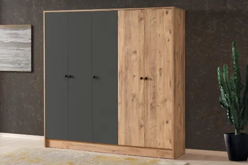 Aeka Ae-3059 Diva 5 Kapaklı Çok Amaçlı Askılıklı Raflı Bölmeli Atlantik Çam Ve Antrasit Gardırop 180 Cm